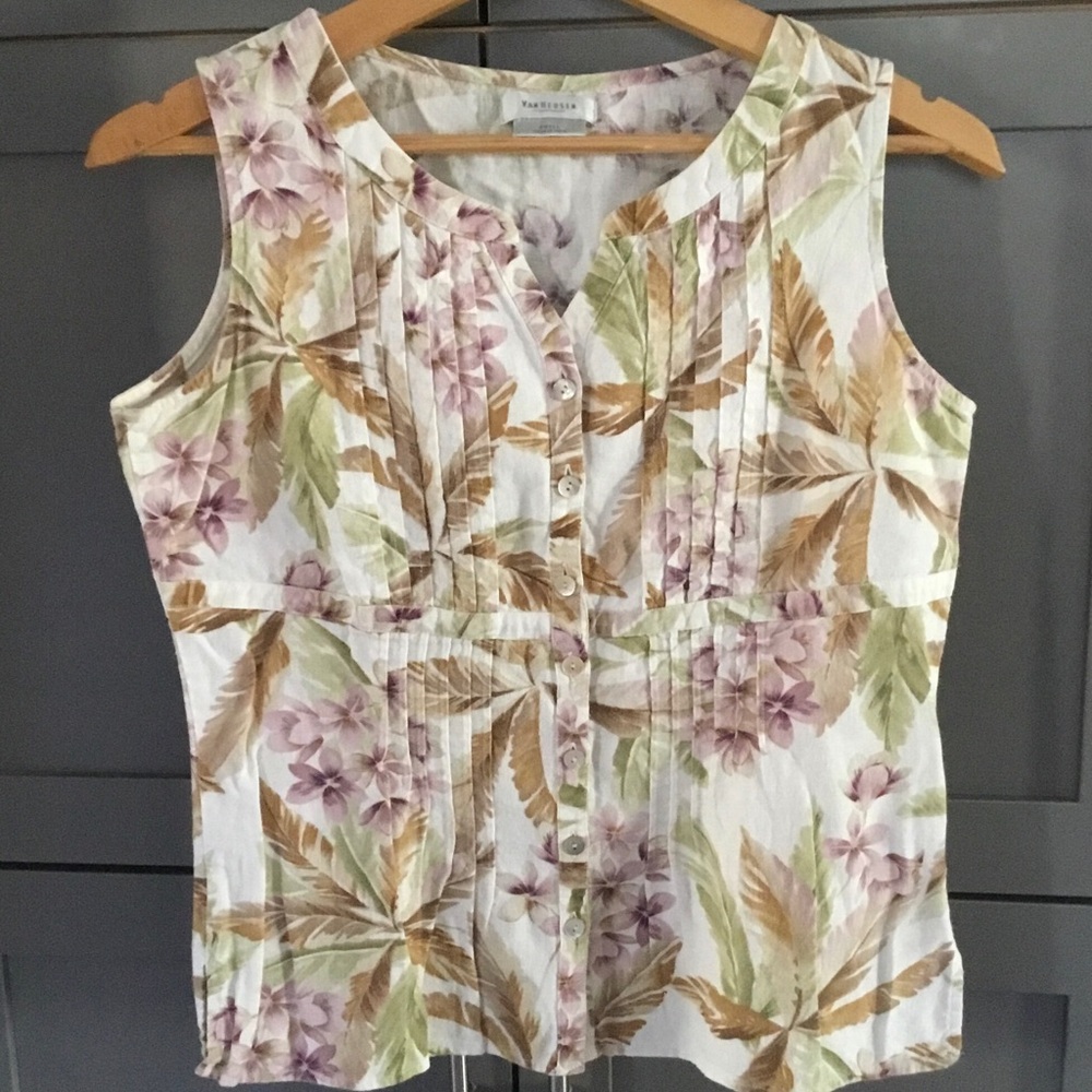 Sleeveless Floral Button-Front Top in White and Pastel Floral